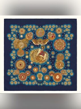 Hermes "Le Roy Soleil" 90cm Silk Twill Scarf in Marine & Gold